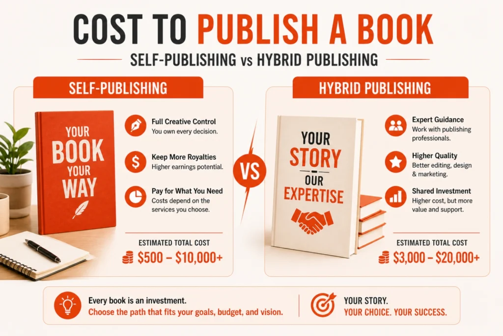 cost to publish a book comparison between self-publishing and hybrid publishing